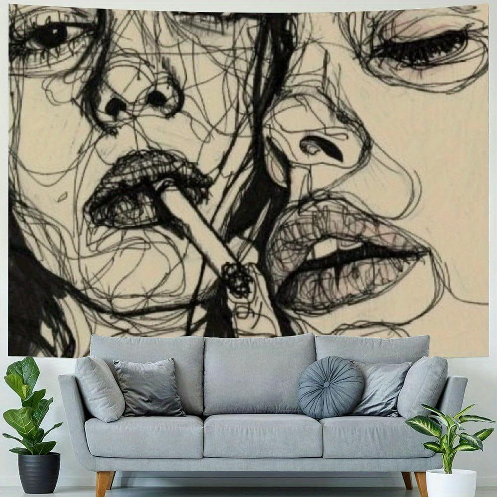Woman Smoking Line Art Tapestry, Minimalist Wall Hanging For Bedroom Living Room Dorm Multi-Size Home Decor Accessories