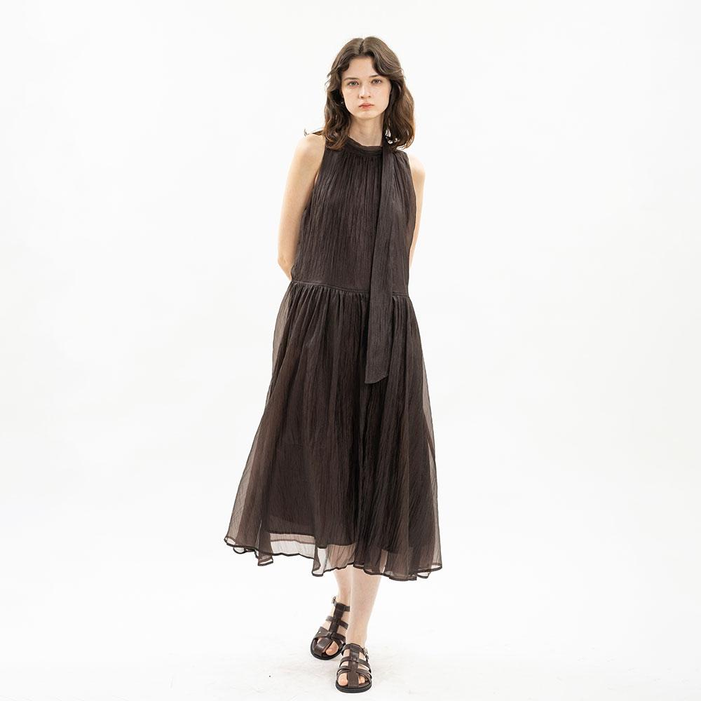 WEDNESDAY DELIGHT Wd_Tie Neck Sheer Sleeveless Dress_Dark Brown