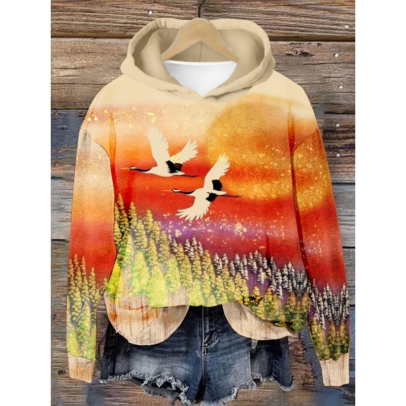 Japan Elegant Crane Moonlight Art Print Long Sleeve Hoodie Loose Women's Hoodie