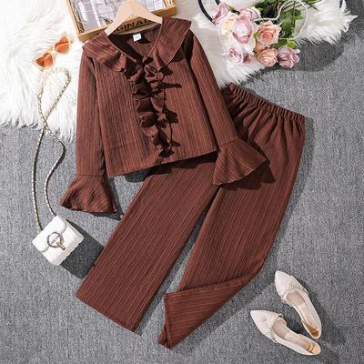 Autumn/Winter Girls' Ruffle Bell Sleeve Top & Wide-Leg Pants Set