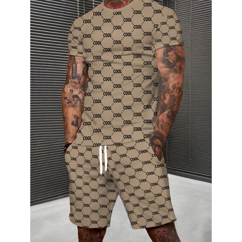 Set Casual de Vară pentru Bărbați cu Imprimeu Digital 3D, Mânecă Scurtă și Pantaloni Scurți - Set cu Imprimeu de Vară, Potrivit pentru Alergare