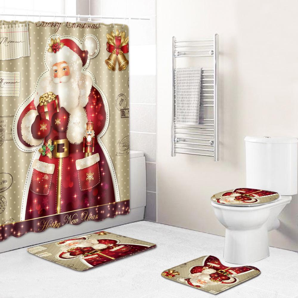Christmas Bathroom Shower Curtain Four-Piece Floor Mat Toilet Non-Slip Door Mat Bedroom Living Room Absorbent Carpet