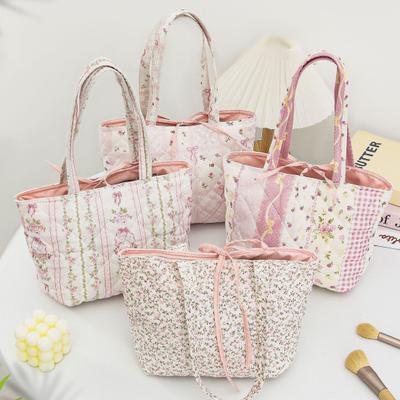 Quilted Tote Bag for Women Girls Lightweight Small Floral Shoulder Bag Soft Puffy Travel Work Handbag with Bow