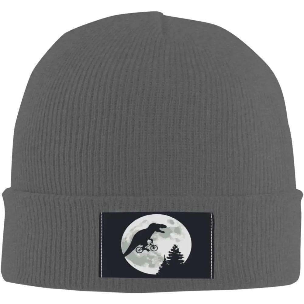 Dinosaur Bicycle Moon Daily Unisex Beanie Hat for Unisex Women Acrylic Hat Winter Cozy Warm Stretch Thick Trendy Outdoor Knit Cap