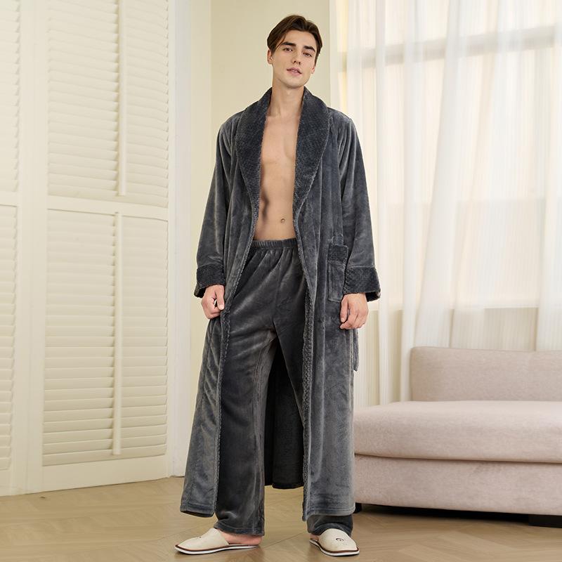 Men's Plush Fleece Robe Set Bathrobe Spa Robes With Pockets Soft Winter Shawl Collar Long Sleeve Robe Warm Pants Set for Men Fluffy Homewear Sleepwear