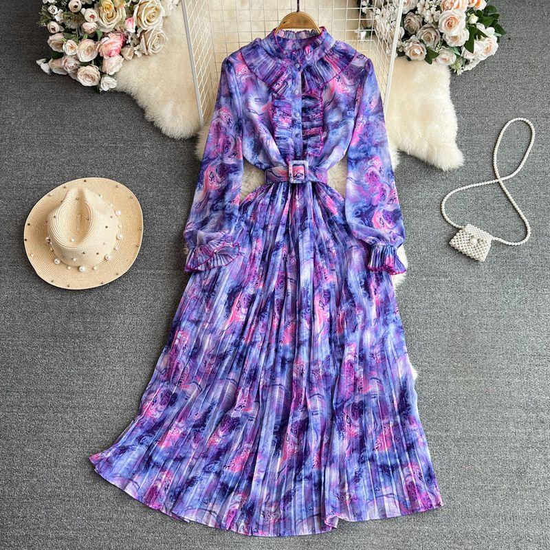 Retro Graceful Stand Collar Speaker Long Sleeves Elegance Dress