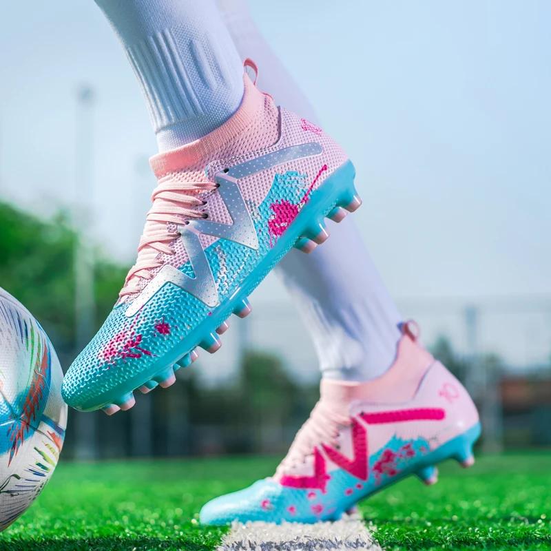 Neue Pinke Teenager Fußballschuhe High Top TF/FG Herren Futsal Fußballschuhe Outdoor Rutschfest Herren Fußballschuhe Zapatos De Futbol