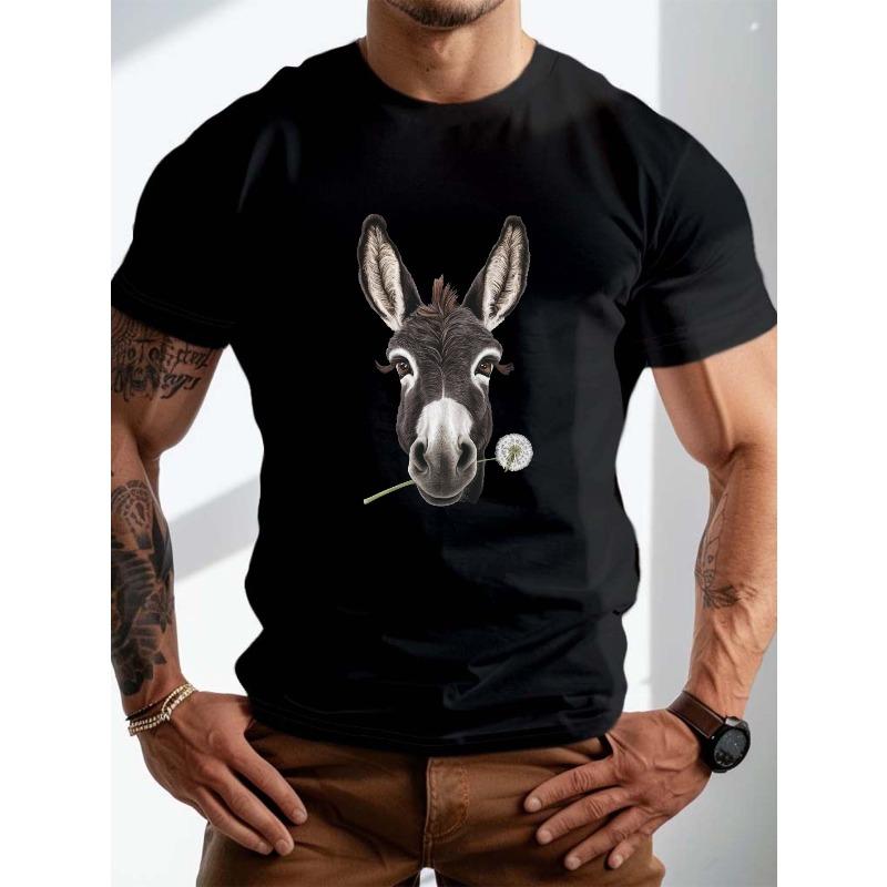 Übergröße Herren Sommer T-Shirt, Lebensechtes Esel mit Pusteblumen Grafikdruck Kurzarm T-Shirts Trend Lässige Oberteile für den Alltag, Große und Lange Männer