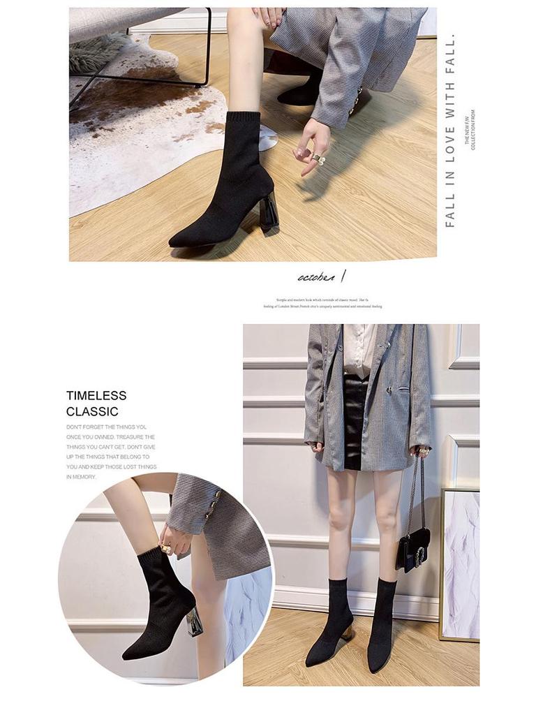 Damen Flyknit Elastische Socken Stiefeletten, Spitze Zehenpartie, Blockabsatz, Schlankmachendes Design, Europäischer/Amerikanischer Stil - 2025 Frühjahr/Herbst Kollektion