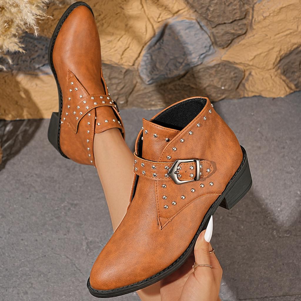 Damen Weite Weite Runde Zehenpartie Klobiger Absatz Martin Stiefel - Western Stiefeletten mit Schnallen- & Nieten-Details für Herbst/Winter