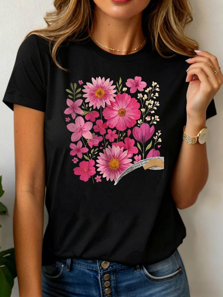 Casual Floral Print Unisexs Tshirt Pink Flower Graphic Round Neck Short Sleeve For Daily Y2k Funny Tops Tee Female Tshirt