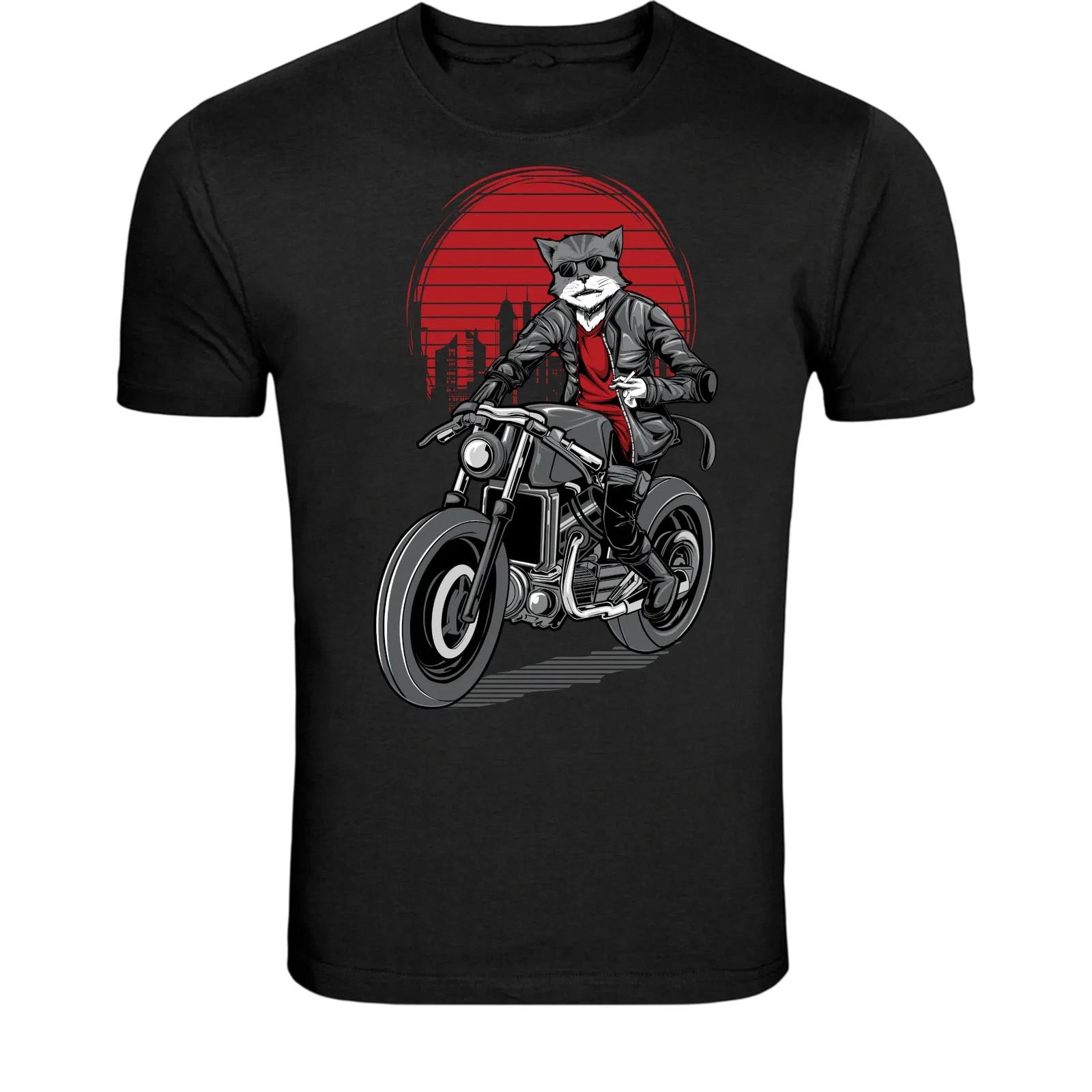 Cool Biker Cat Motorcycle T-Shirt - Retro Rider Graphic Tee S