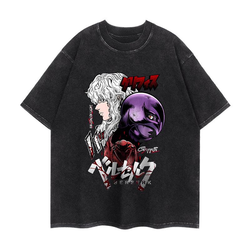 Anime Berserk T Shirt Vintage Washed T-shirts Oversized Streetwear Tops Black Tees Men Women Clothing Cotton Fashion Tshirt