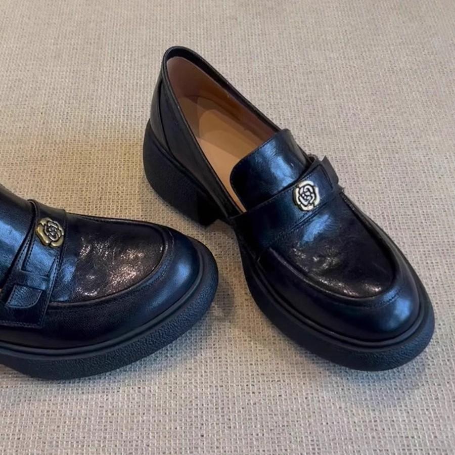 Cowhide~ Camellia platform loafers women's 2025 new leather retro single shoes one-pedal British small leather shoes