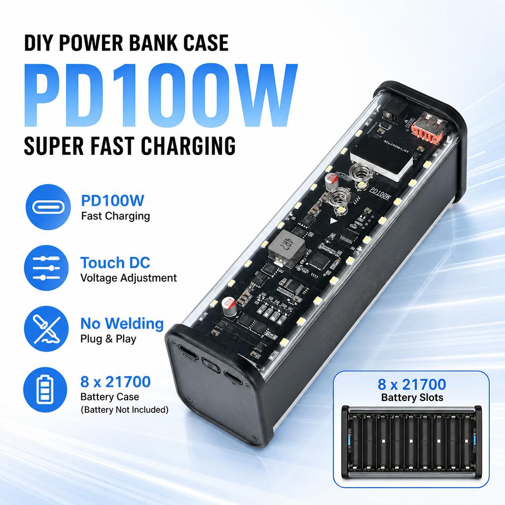 Multi Protocol Fast Charging Power Bank Shell 100W DC Output 8 Slots 21700 No Welding DIY Battery Box With LED Light