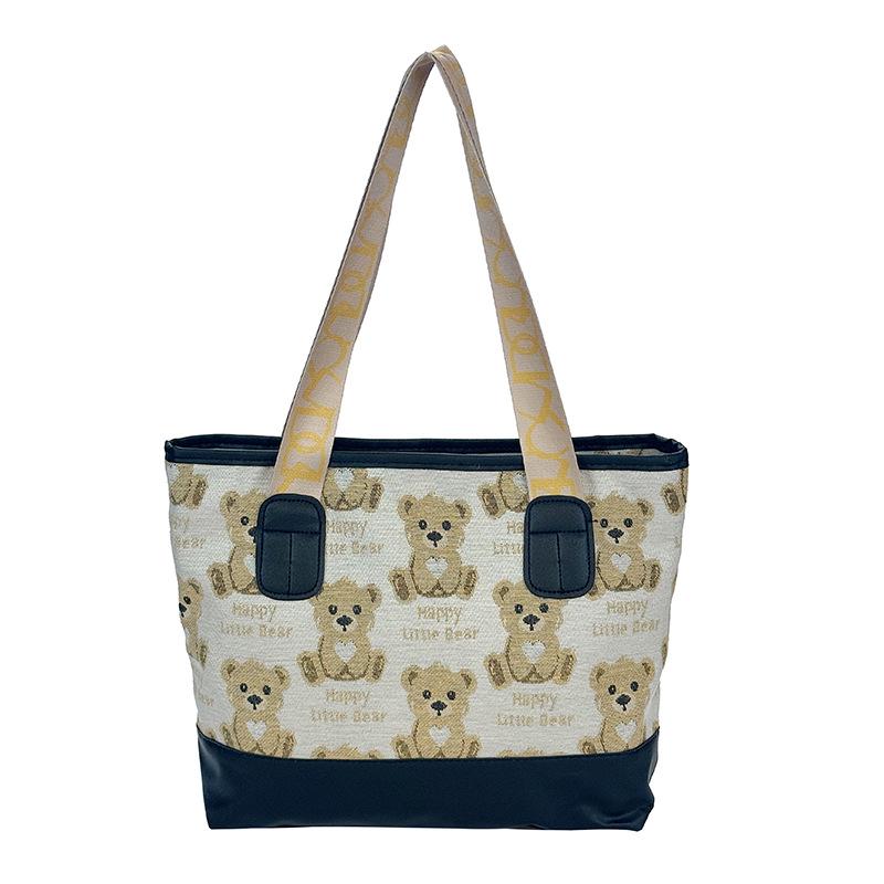 Women's 2025 Fashion Bear Print Canvas Tote - Versatile, Large Capacity Shoulder Bag for Students