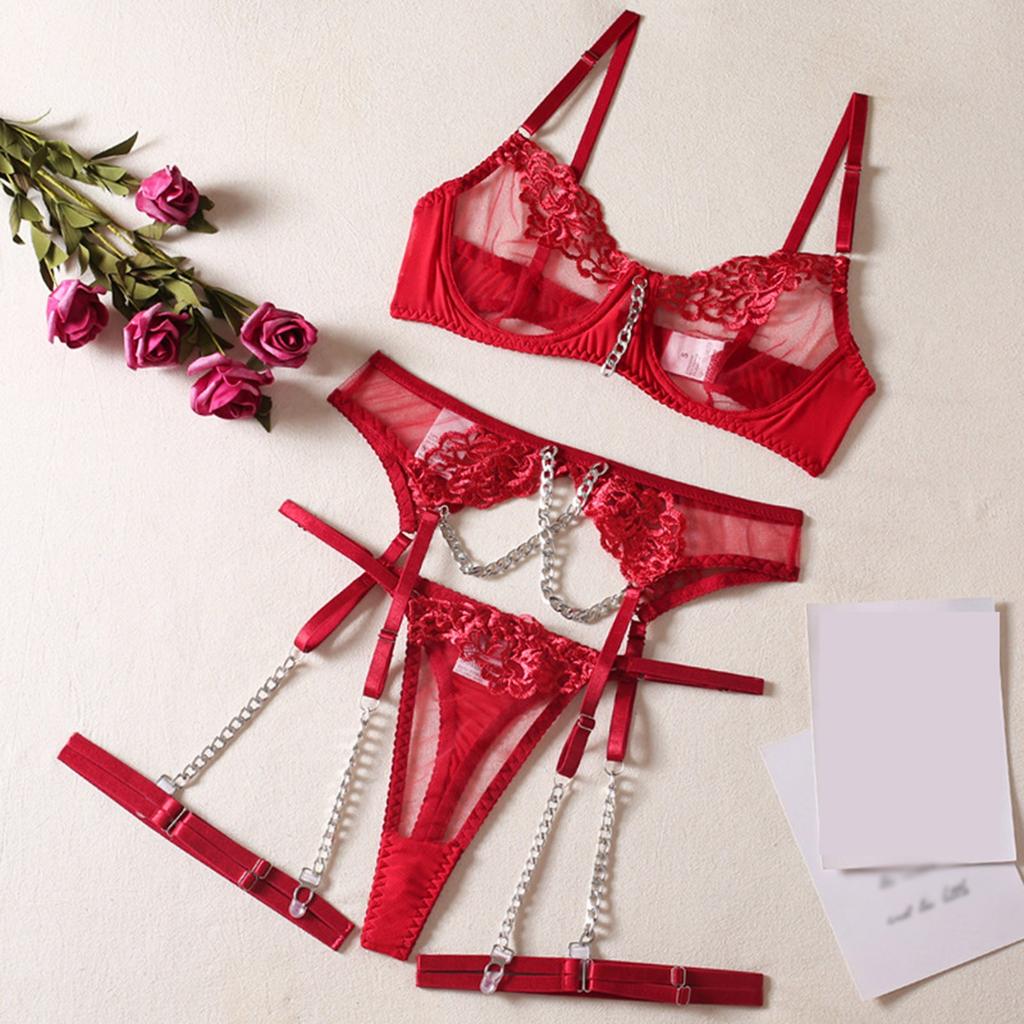 Womens Sexy Embroidery Lingerie Erotic Transparent See-Through 3pcs Underwear Sets Mental Chain Tassel Porn Costumes For Sex