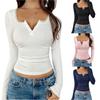 Women Sexy Long Sleeve T Shirts V Neck Button Up Casual Basic Slim Fitted Ribbed Knit Crop Tops