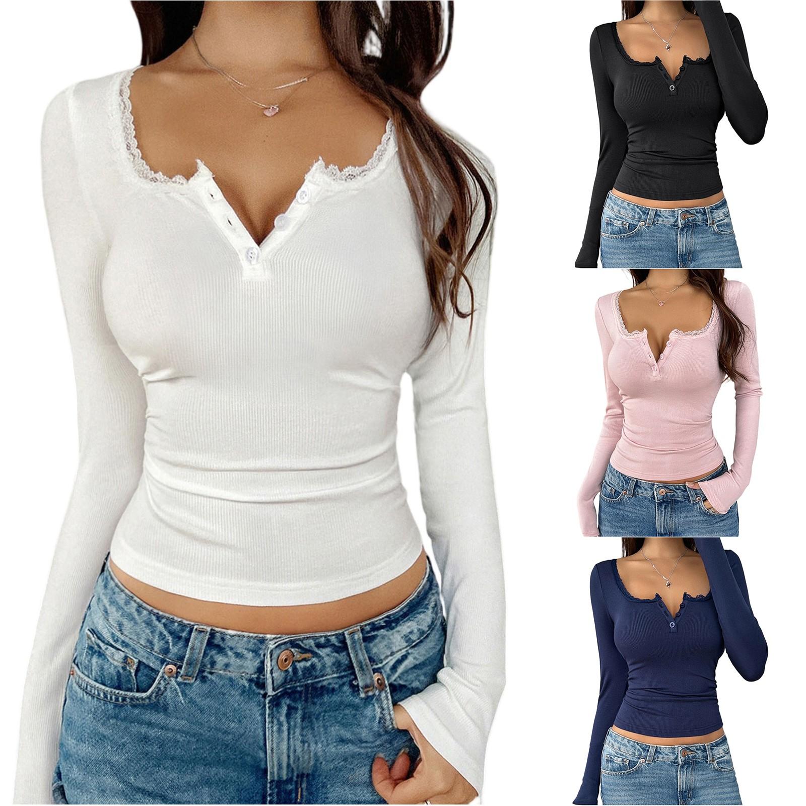 

Women Sexy Long Sleeve T Shirts V Neck Button Up Casual Basic Slim Fitted Ribbed Knit Crop Tops L чорний