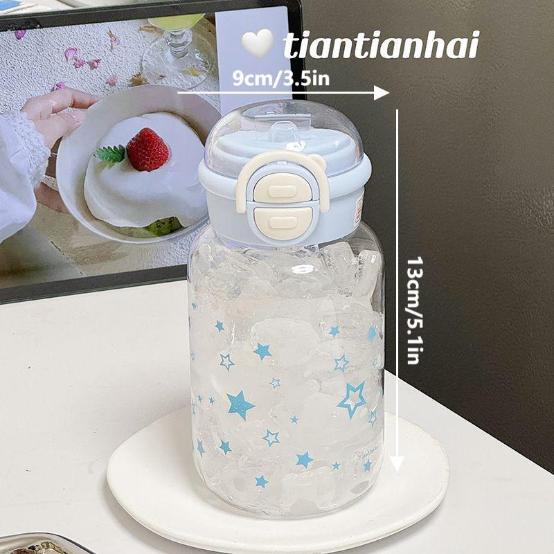 600 ml Stern Wasserflasche Becher für Eiskaffee Saft Tee Niedliche Schleife Plastikbecher mit Strohhalm Deckel Tragbare Trinkflasche