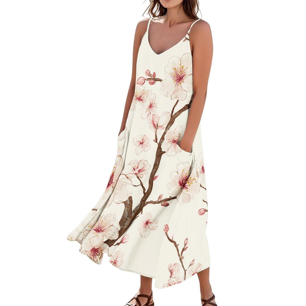 Women's Casual Tie-Dye Floral Print Sleeveless Pocket Dress