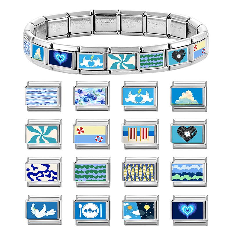 New Blue Sea Fishtail Dolphin Turtle Blueberry Music Tape Italian Charm Link Fit 9mm Stainless Steel Bracelet DIY Making Gift
