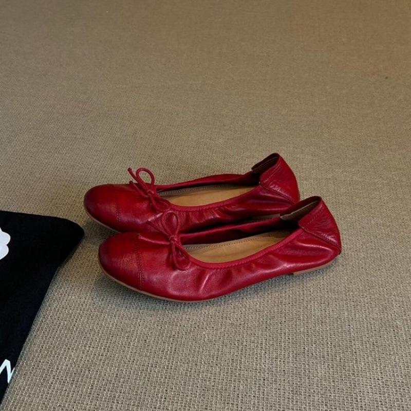 Sheepskin Retro Red Bow Ballet Flats - Women's Low-Cut Slip-On Square Toe Shoes