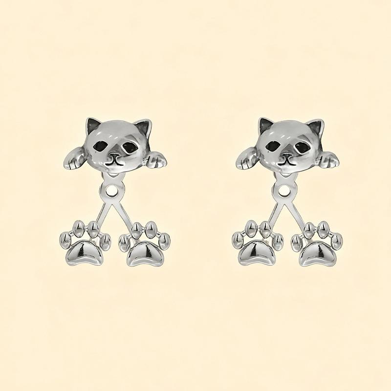Vintage Funny Silver Color Cat Earring for Women Cute Animal Kitten Back Hanging Earrings Girls Party Banquet Piercing Jewelry