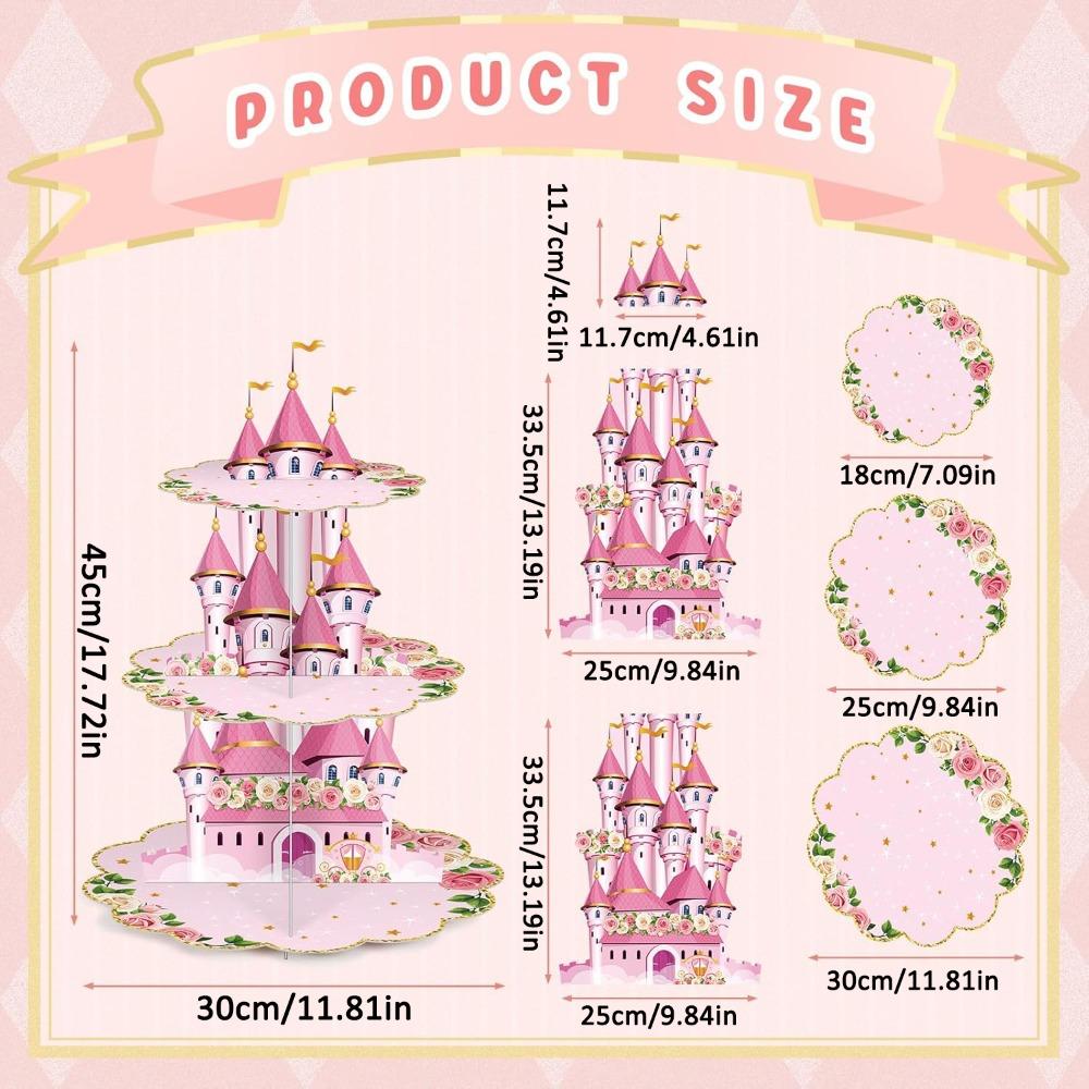 3 Tier Princess Birthday Cupcake Stand Party Decorations Floral Princess Cupcake Holder Pink Castle Crown Carriage Dessert Tower