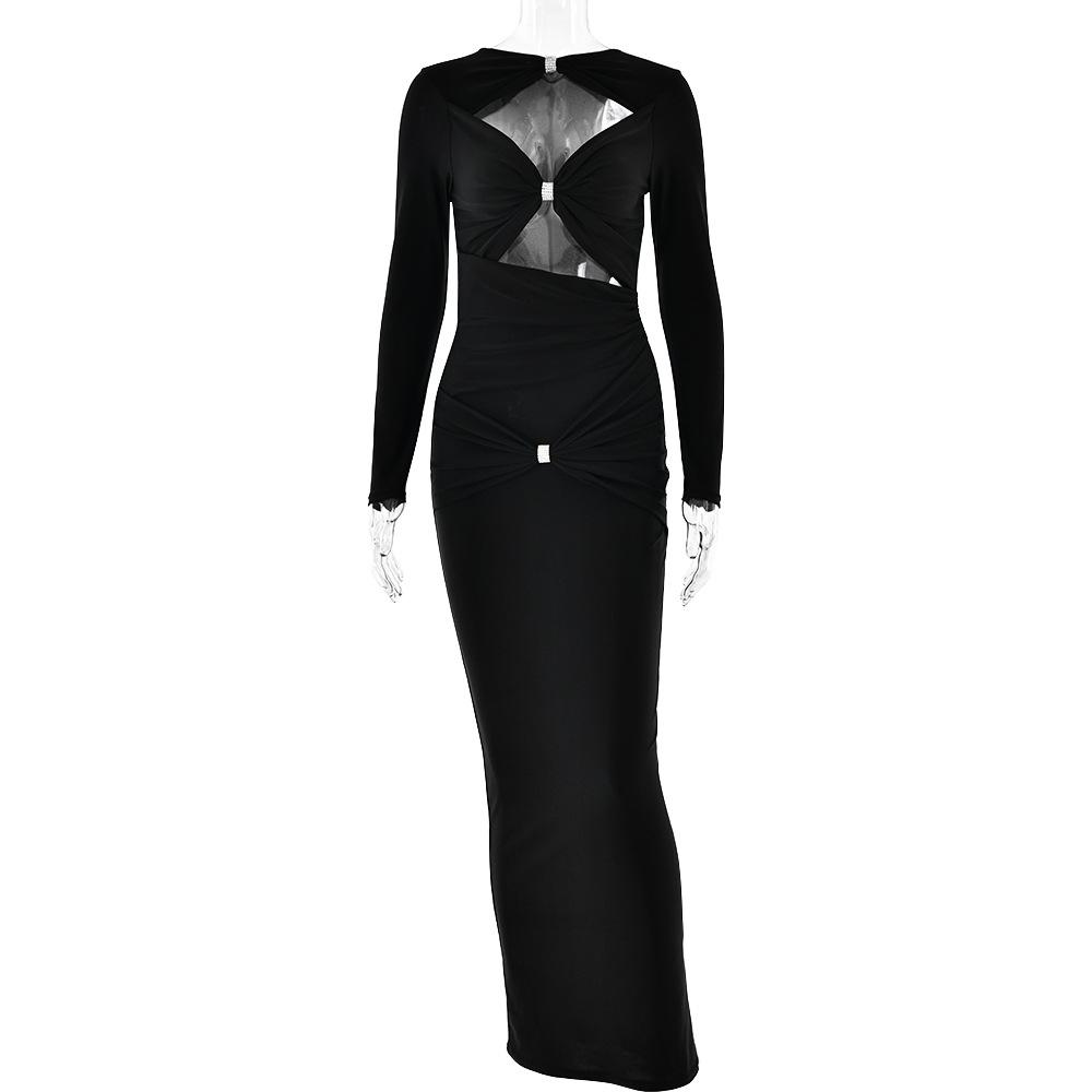 Women's Crew Neck Long Sleeve Maxi Dress Slim High Waist Sexy Solid Cutout Rhinestone Summer Dress