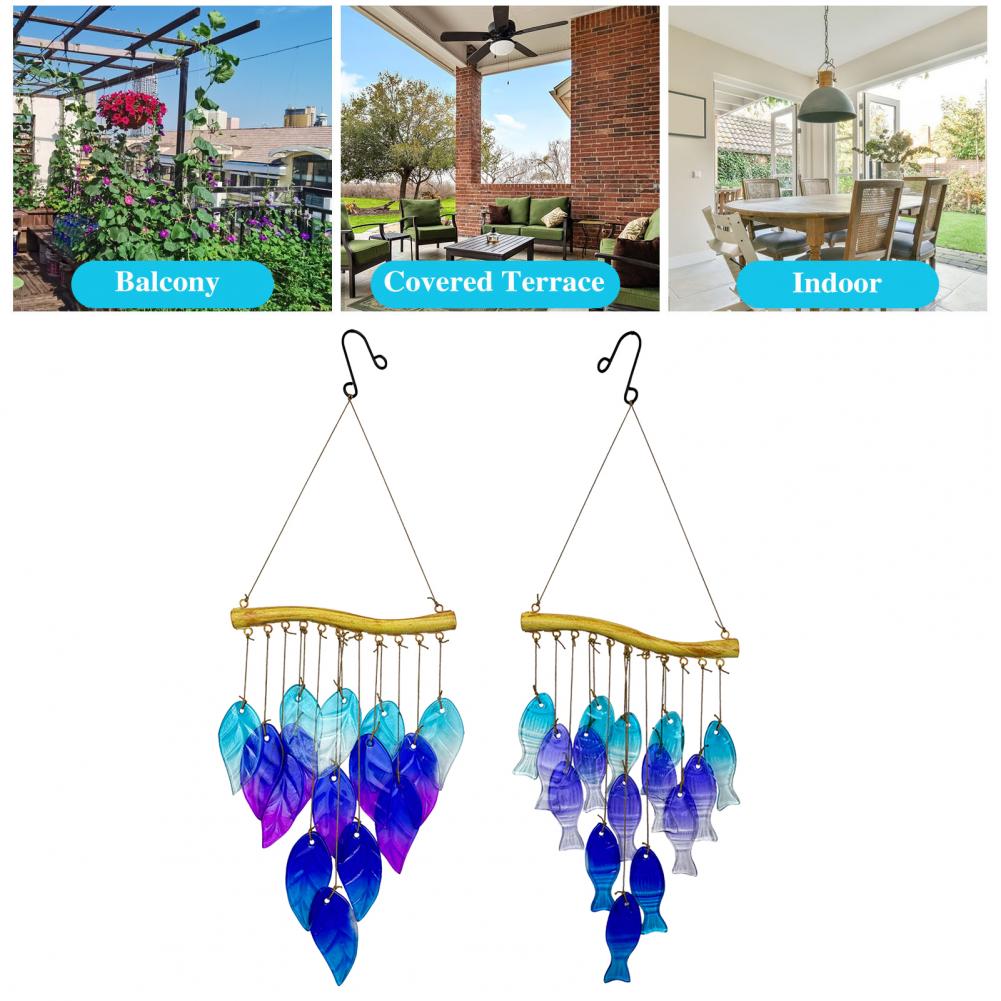 Glass Sheets Wind Chime Blue Glass Fish Wind Chime for Outdoor Garden Patio Decor Weather-proof Stained Glass Leaf Hanging Bell