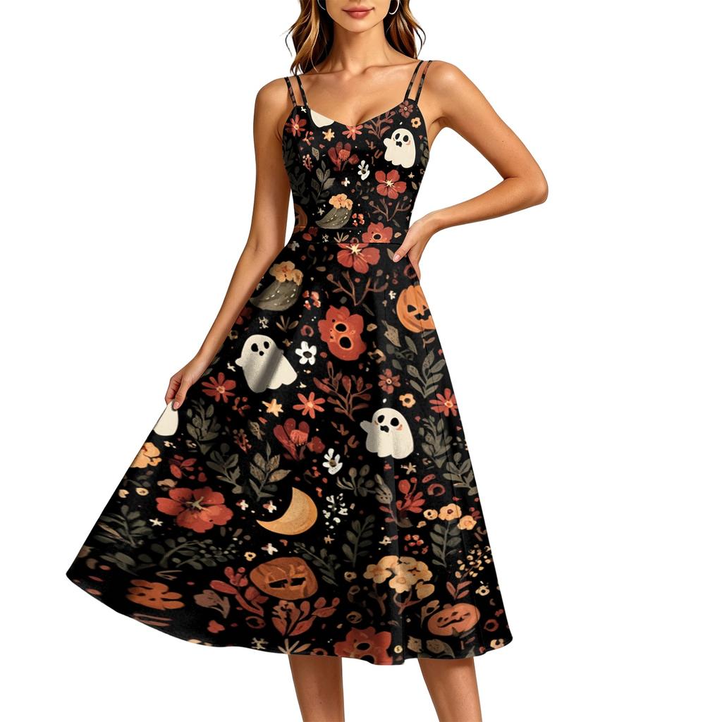 Women's Casual Round Neck Sleeveless Dress with Halloween Print for Party and Daily Wear