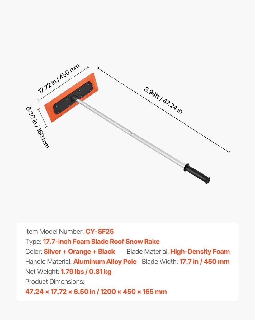 VEVOR Snow Roof Rake, 1.2m Long Reach Car Roof Snow Scraper, 45cm Foam Blade for No Scratches, Non-Slip Handle