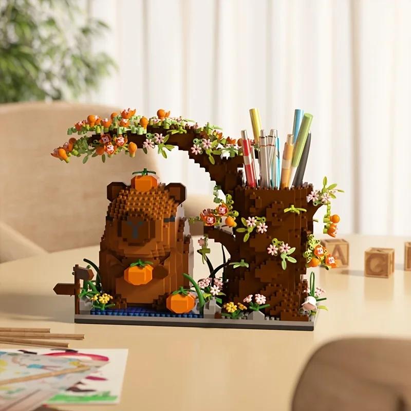 Capybara Building Block Pen HolderMultifunctional Desk Organizer for Office Supplies CosmeticsBirthday Gift Desktop Decoration