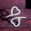 Huitan Exquisite Double Heart Opening Rings for Wedding Aesthetic Shiny Cubic Zirconia Accessories Women Graceful Party Zircon
