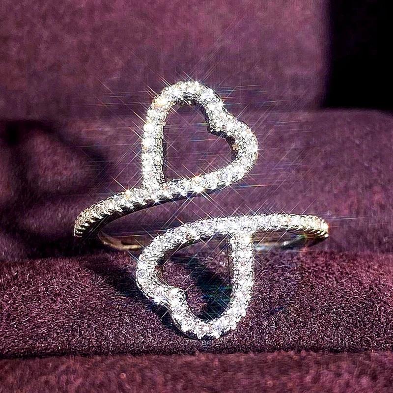 Huitan Exquisite Double Heart Opening Rings for Wedding Aesthetic Shiny Cubic Zirconia Accessories Women Graceful Party Zircon