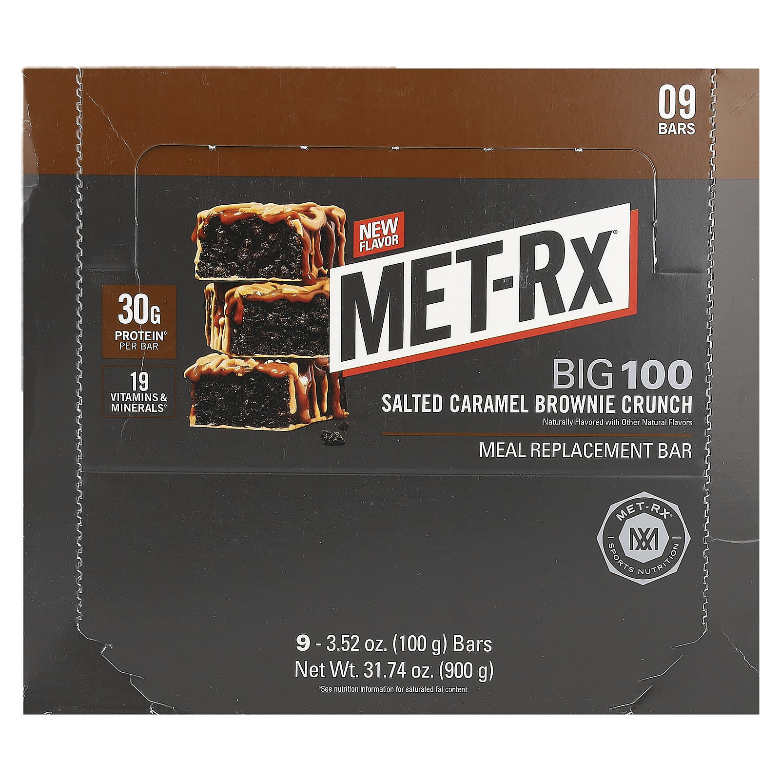 

Met-Rx, Big 100, Meal Replacement Bars, Salted Caramel Brownie Crunch, 9 Bars, 100G (3.52Oz) Each
