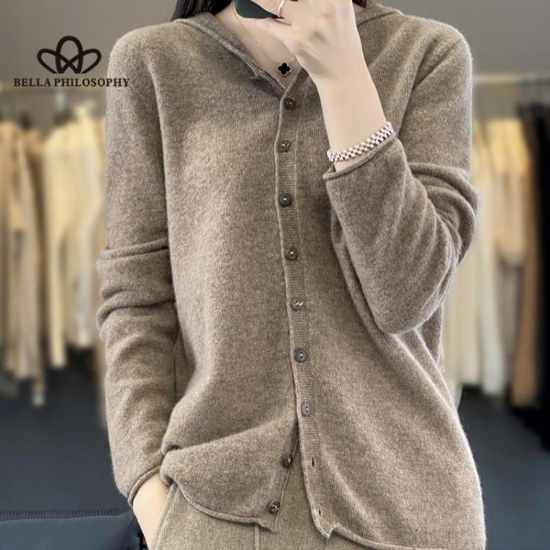 Cárdigan de punto holgado con cuello en V para mujer, suéter de lana pura, temperamento adelgazante, estilo informal, primavera y verano