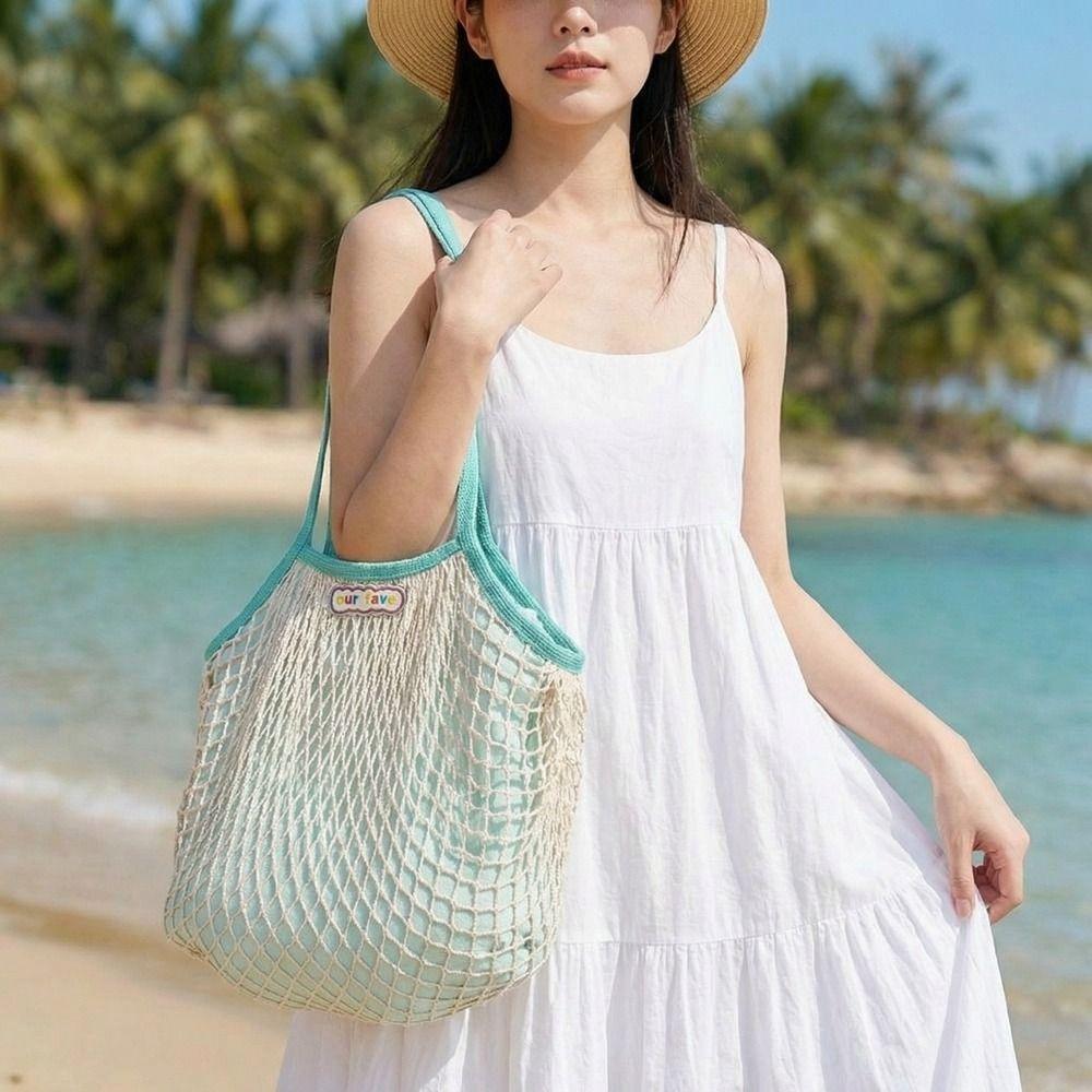 Leisure Summer Woven Shoulder Bag Large Capacity Fashion Nylon Mesh Tote Bag Simple Handbag Beach Handbag Vacation