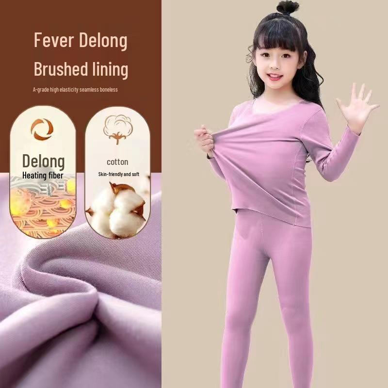 Girls' Fleece-Lined Thermal Underwear Set for Fall and Winter