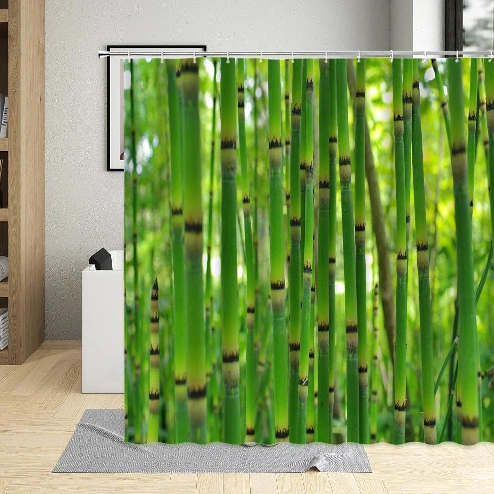 Bambus Duschvorhang Badezimmer Heimdeko Grüne Pflanzen Landschaft Badvorhänge Mit Haken Polyester Wasserdichtes Gewebe Waschbar