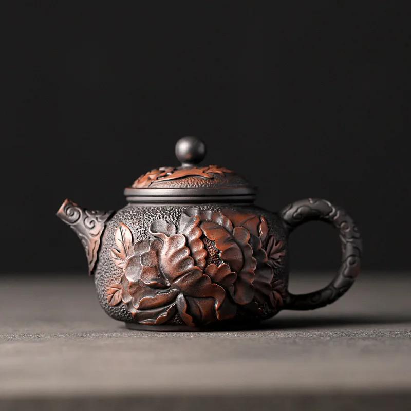 Čína Jianshui fialová hlína černá keramická ručně vyřezávaná konvice na čaj s dračí řezbou, porcelánová kung-fu čajová sada na pití