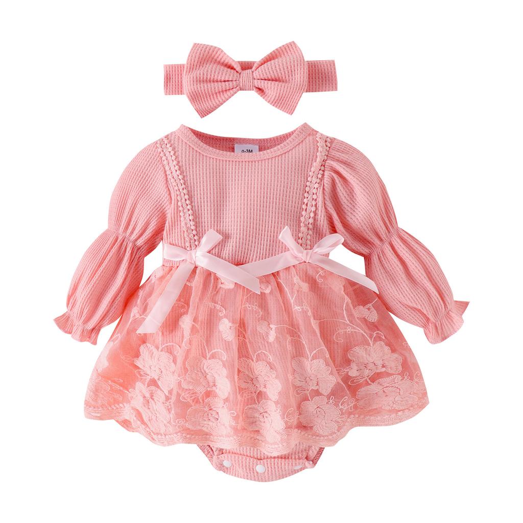 Baby- und Kleinkindkleidung Koreanischer Stil Herbst Waffel Laternenärmel Netz-Strampler mit offenem Schritt + Fußsocken + Kopfbedeckung