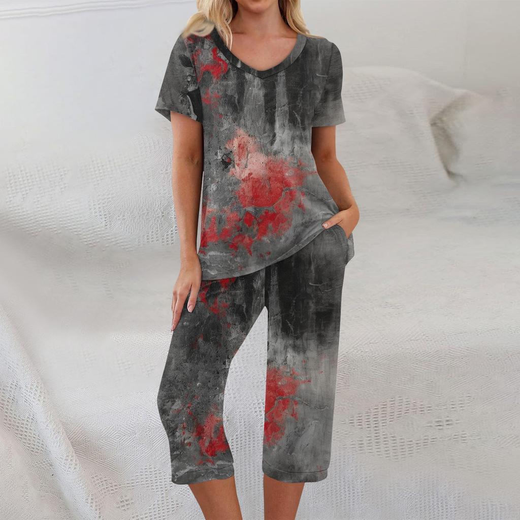 2 Piece Sets For Women Short Sleeve Top And Pants With Pockets Workout Soft Halloween Print Sets