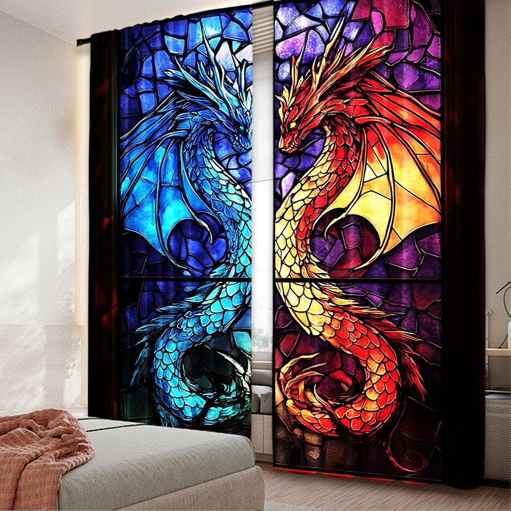 Set Of 2 Blue Gold Vibrant Dragon Curtains Suitable Living Room Dining Kitchen Bedroom Bathroom Study Office Curtain Polyester Perfect For