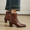 Autumn and Winter Women's Leather Boots Rubber Soft Sole Large Size Women's Boots Middle Heel Square Head Versatile Side Zipper Cowhide Low Boots