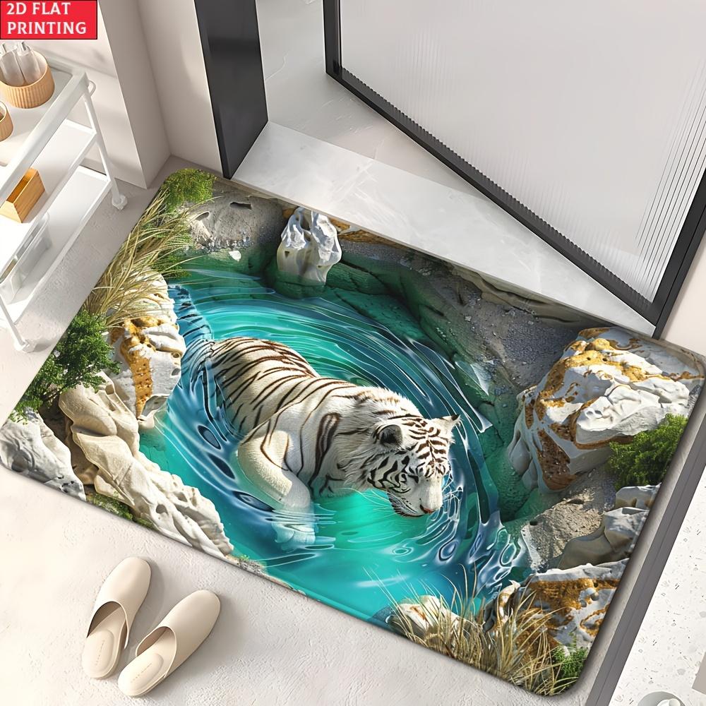 Illusion Pond Tiger 2D Flat Door Mat - Absorbent Washable Polyester Rug for Bedroom, Living Room Entrance & Bathroom Decor