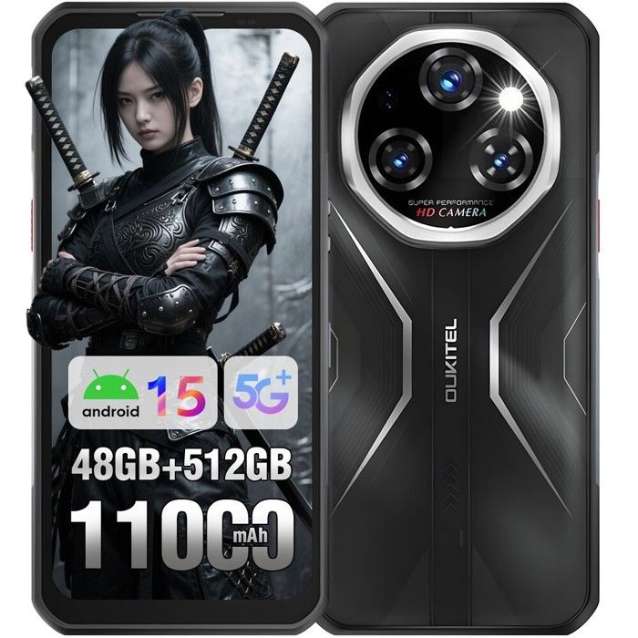 Smartphone Robuste OUKITEL WP55 Pro 5G 48Go+512Go 108MP Téléphone Incassable 11000mAh 6.6" FHD+ 120Hz Android 15 Dual SIM/NFC Noir