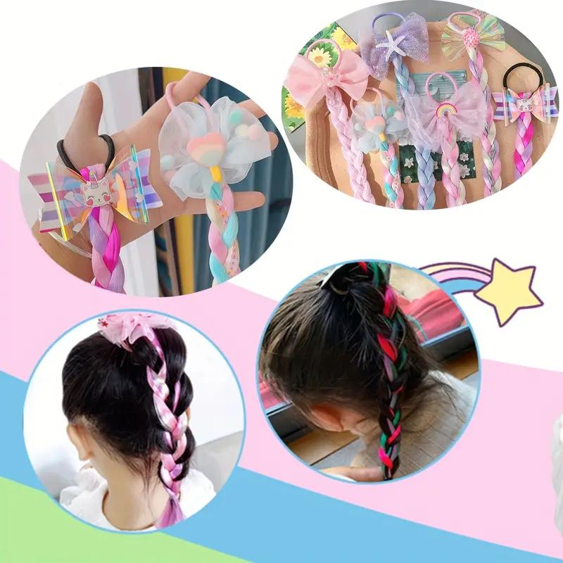 Lastik Bantlar ile 6 adet Renkli Örgüler Saç Uzantıları, Fiyonklar Gökkuşağı Karışık Renkli Sentetik Saç Parçaları, Parıltılı Örgülü Saç Uzantıları