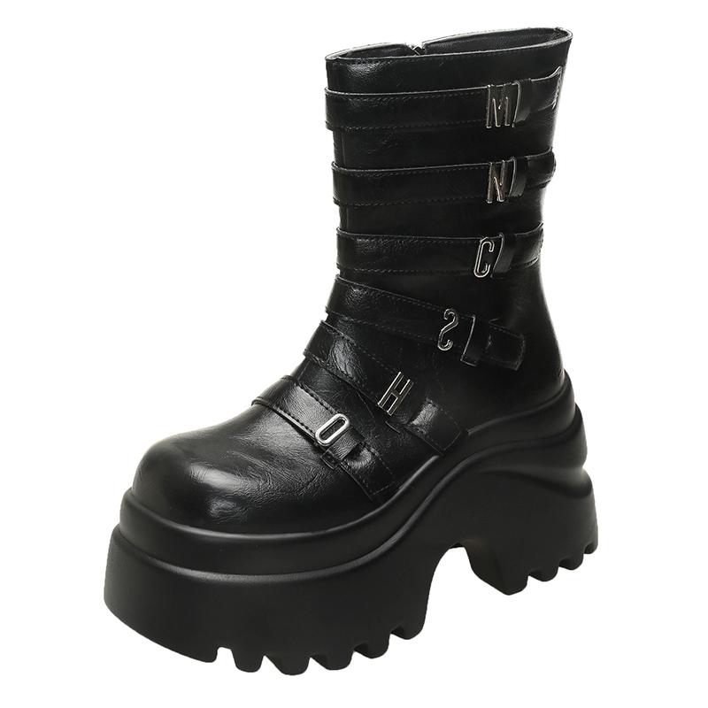 Fashion Women Punk Boots 9.5CM High Platform Outdoor Leather Shoes New Autumn Winter Metal Mid-calf Boots Hidden Heels Motorcycle Boots